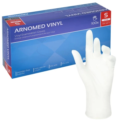 Weißer Vinylhandschuh vor blauer Spenderbox