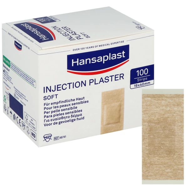 EIn Injektionspflaster von Hansaplast vor einer Schachtel